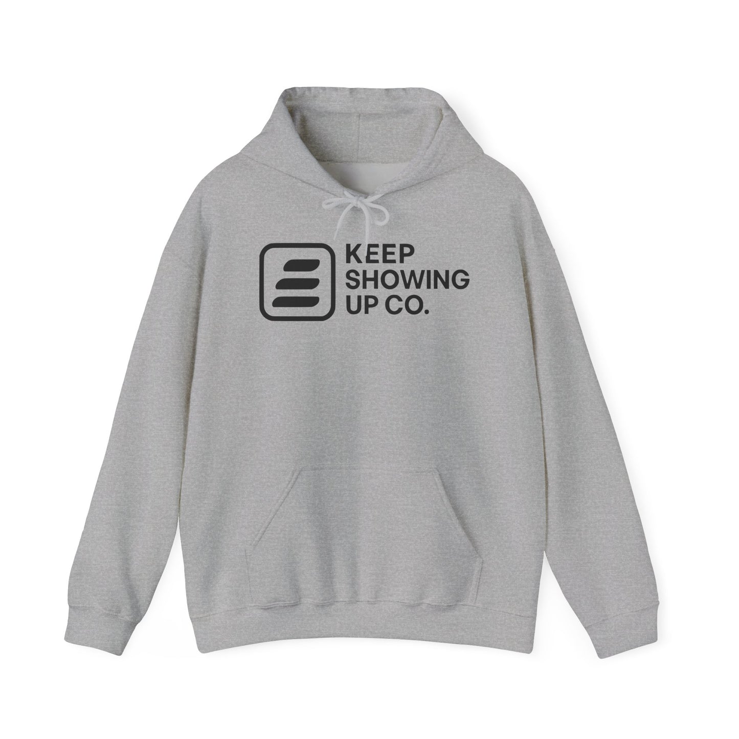 Gray hoodie with 'Keep Showing Up Co.' logo on a white background