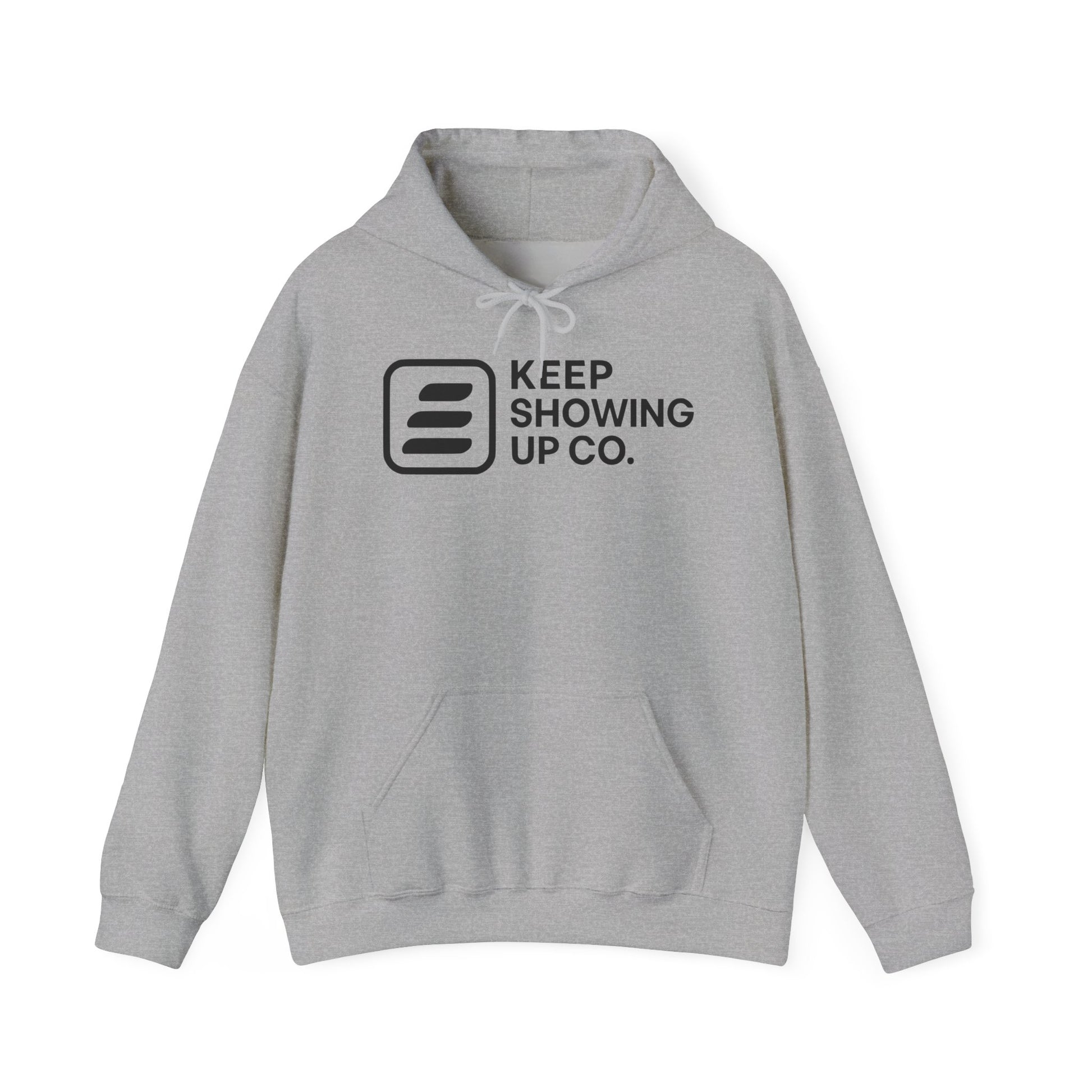 Gray hoodie with 'Keep Showing Up Co.' logo on a white background