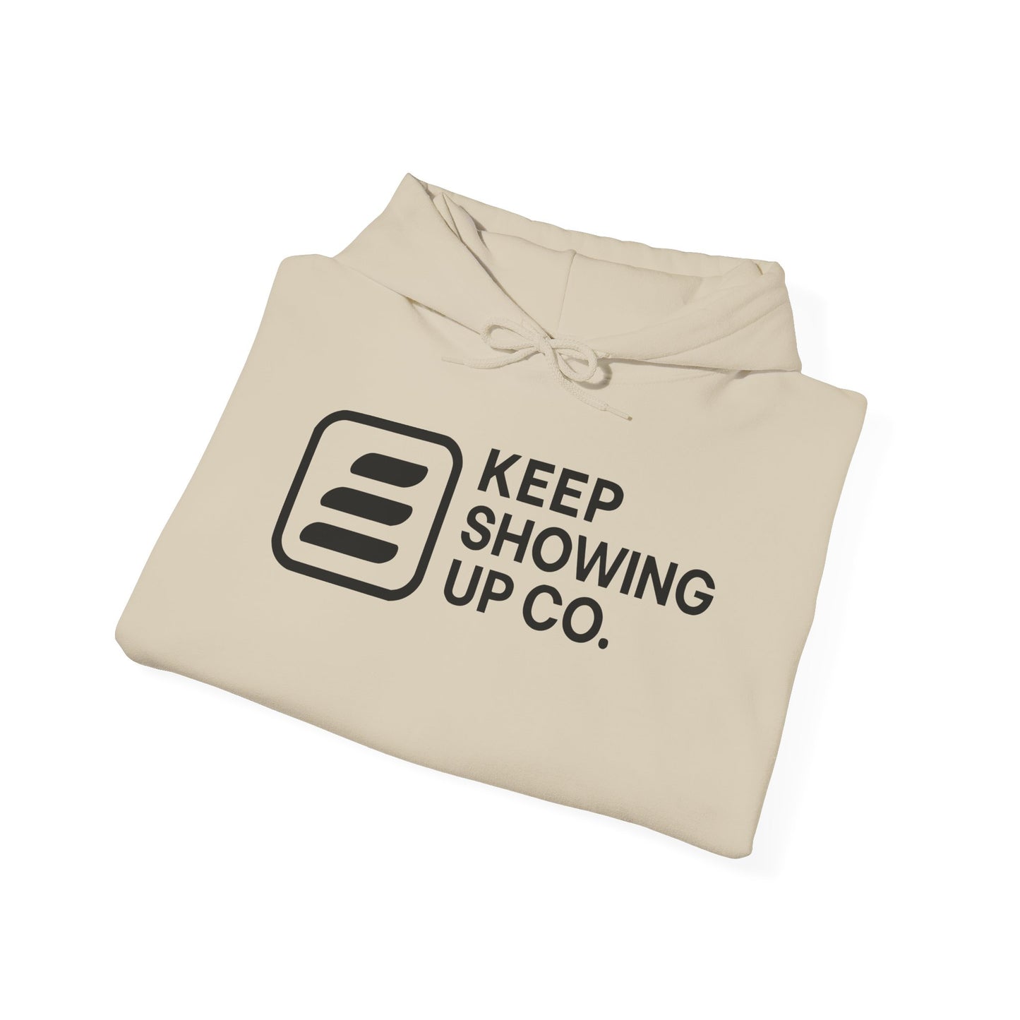 Beige hoodie with 'Keep Showing Up Co.' text and logo on a white background