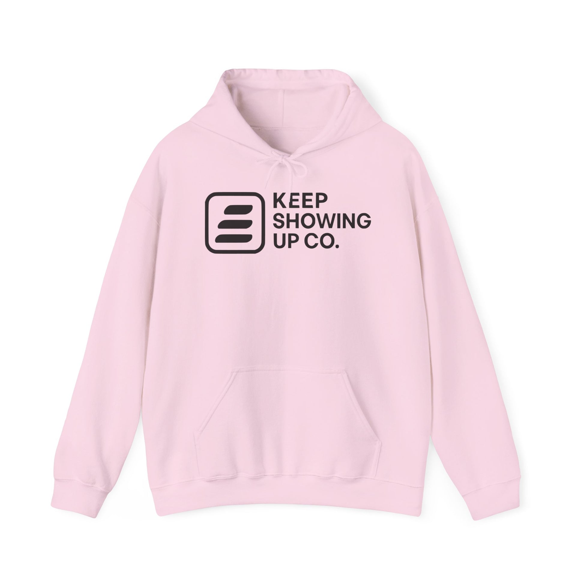 Pink hoodie with 'Keep Showing Up Co.' logo on a white background