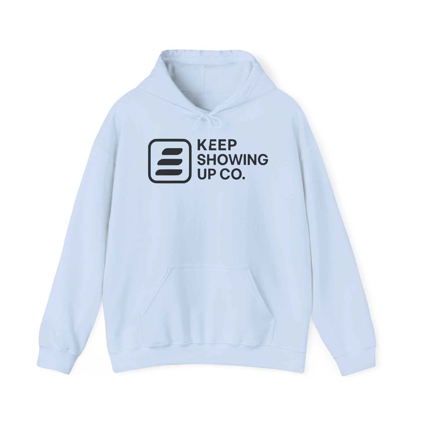 Light blue hoodie with black logo and text on a white background
