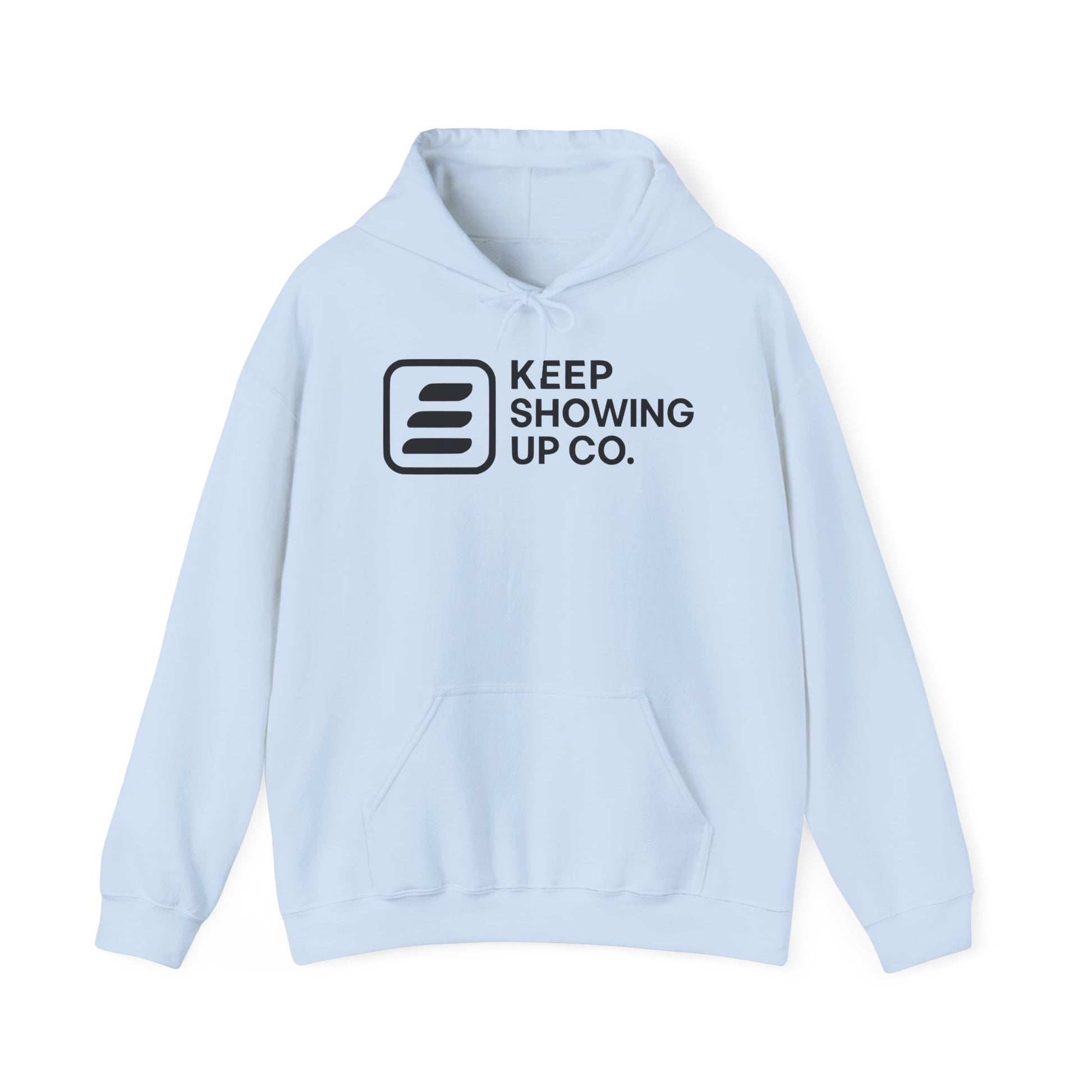 Light blue hoodie with black logo and text on a white background