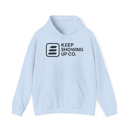 Light blue hoodie with black logo and text on a white background