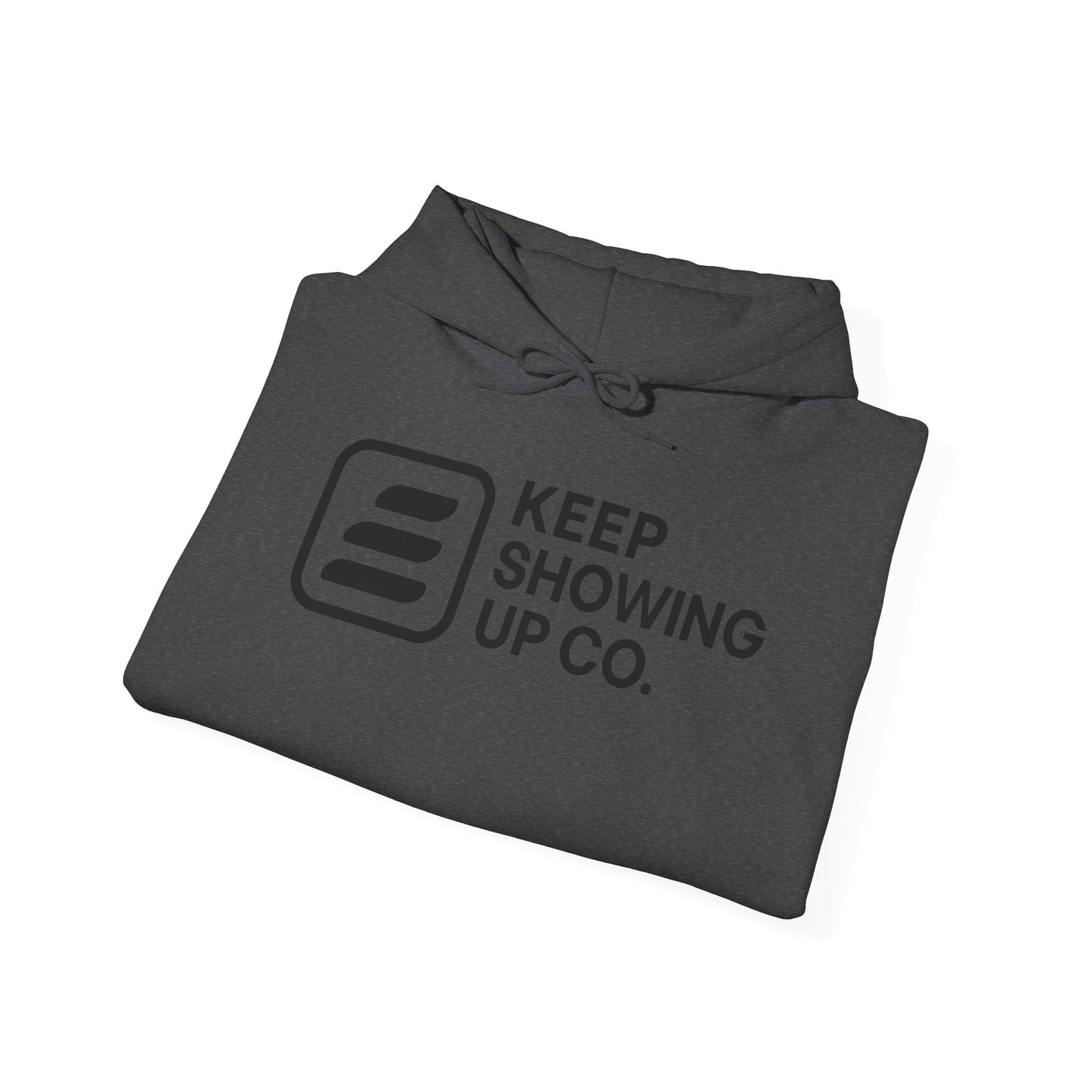 Folded gray hoodie with 'Keep Showing Up Co.' text and logo on a white background