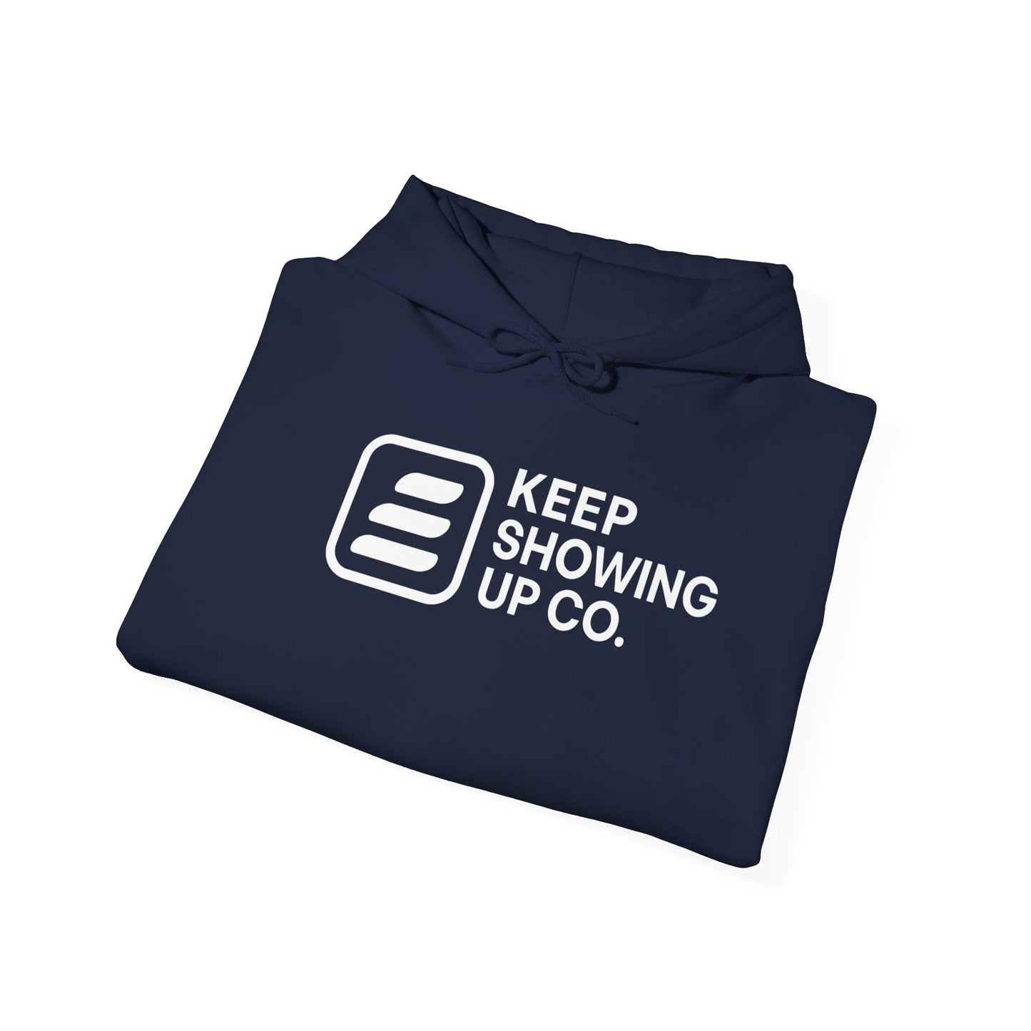 Folded navy blue hoodie with 'KEEP SHOWING UP CO.' text and logo on a white background