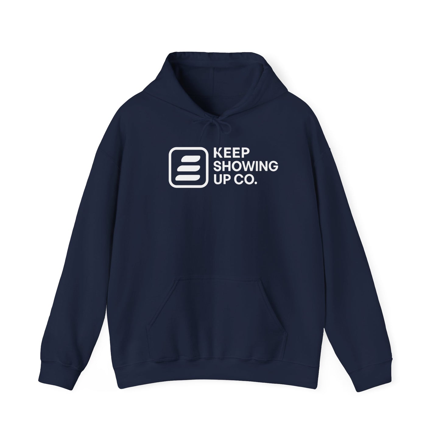 Navy blue hoodie with 'Keep Showing Up Co.' logo on a white background