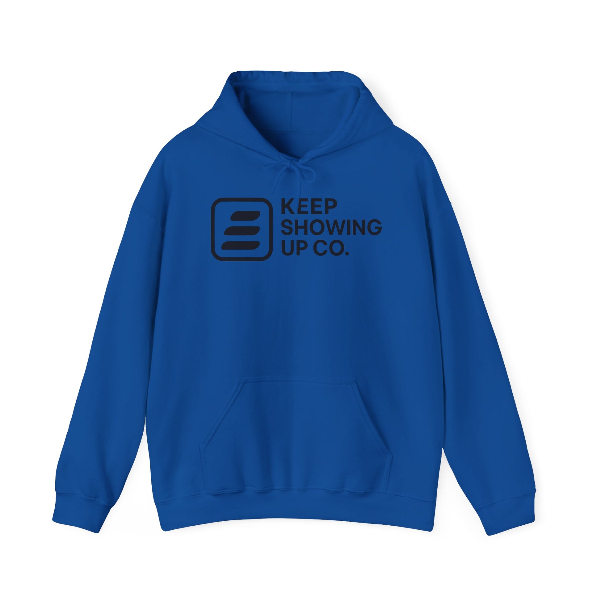 Blue hoodie with 'Keep Showing Up Co.' text and logo on a white background