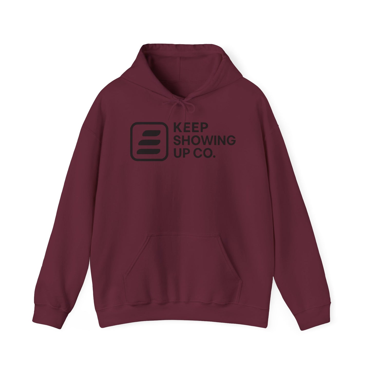 Maroon hoodie with 'Keep Showing Up Co.' text and logo on a white background