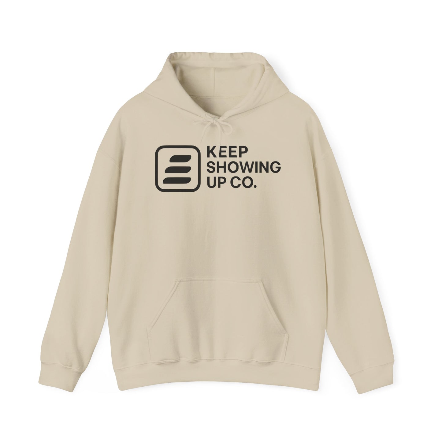 Beige hoodie with 'Keep Showing Up Co.' logo on a white background