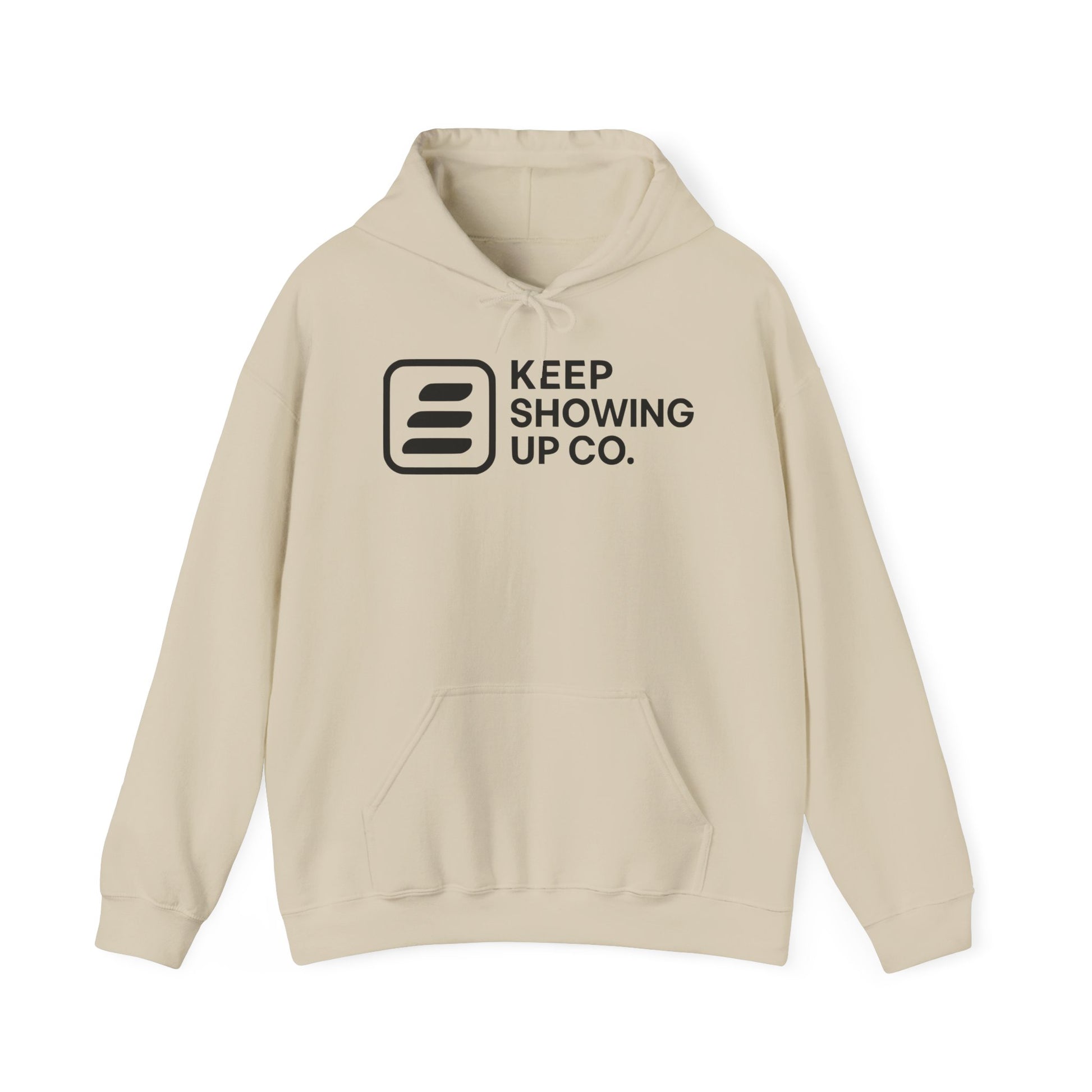 Beige hoodie with 'Keep Showing Up Co.' logo on a white background