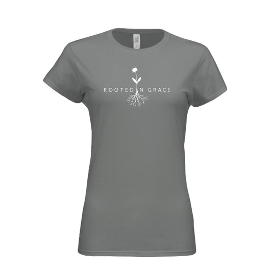 Rooted In Grace Ladies' Softstyle Fitted T-Shirt – Graphite Heather Front